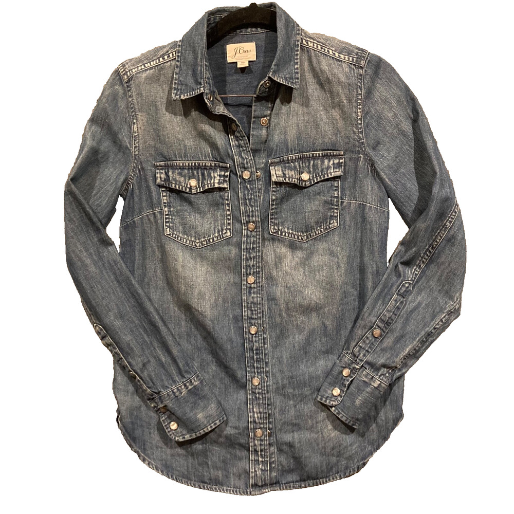 J. Crew Pearl Snap Shirt Women's Size 00 Blue Denim Western Ladies